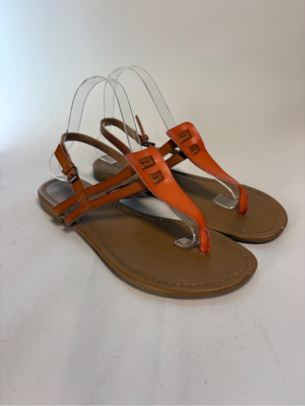 G.H. Bass Sunjuns Orange/Tan Leather T-Strap Sandals Boho Summer Gladiator